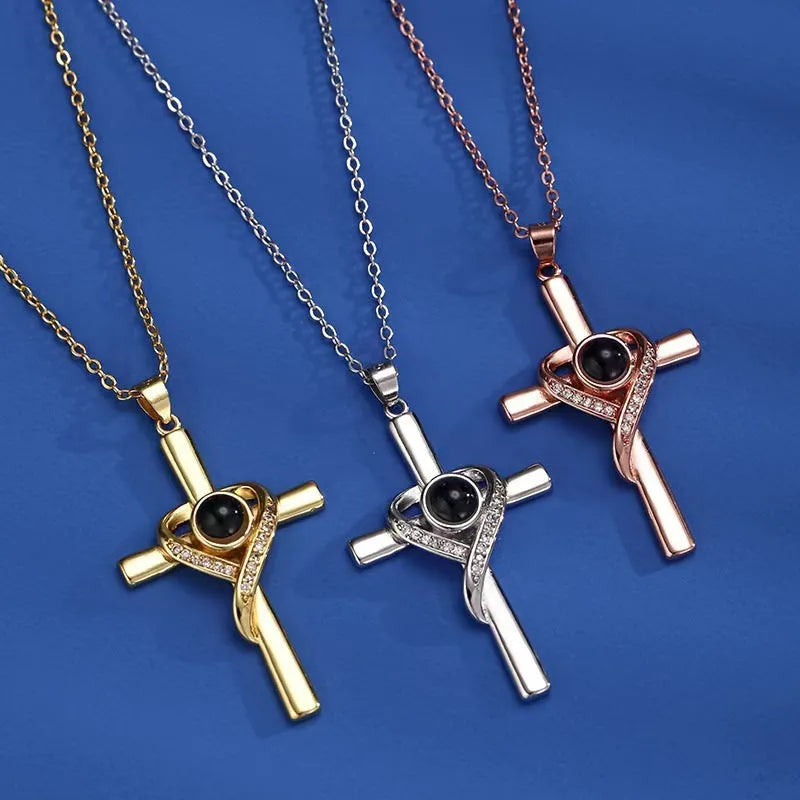 'I Love You' projection necklace pendant in copper with heart and cross design
