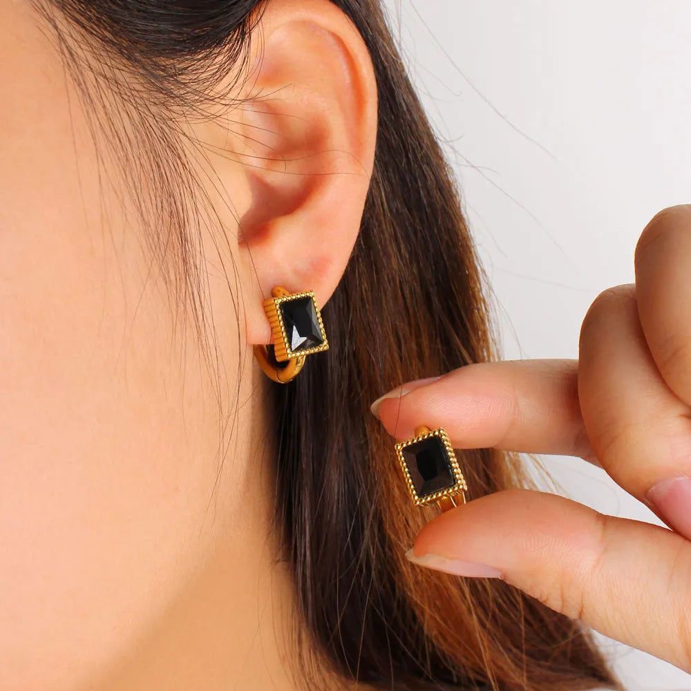 Geometric square stainless steel earrings with zircon detailing in electroplated white, black and green colours