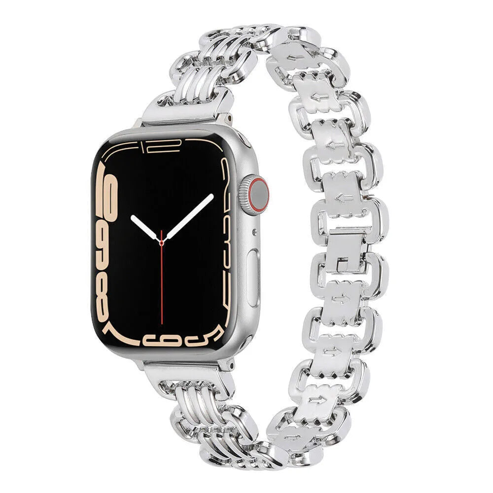 Silver alloy metal link bracelet for Apple Watch on a wrist.