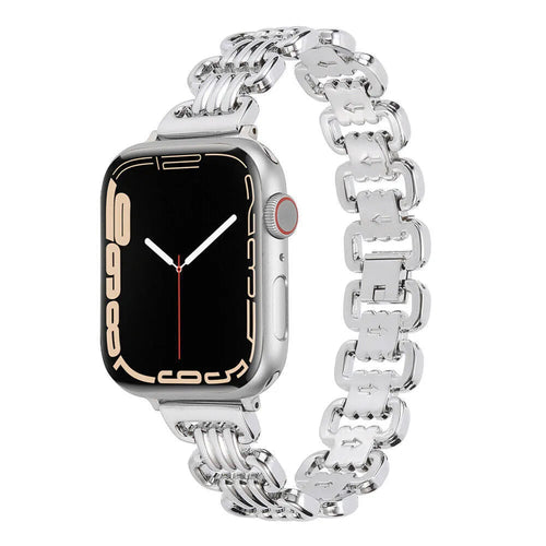 Silver alloy metal link bracelet for Apple Watch on a wrist.