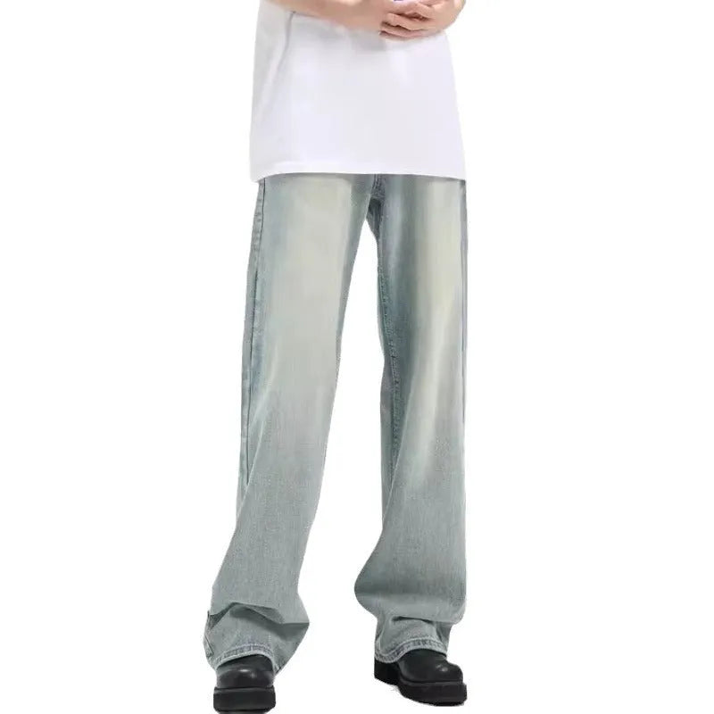 Blue men's loose retro casual trousers made from high-elasticity rabbit fur fabric.