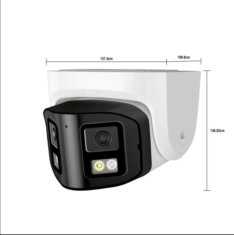 4MP dual-lens panoramic CCTV security camera with IP66 rating for outdoor use.