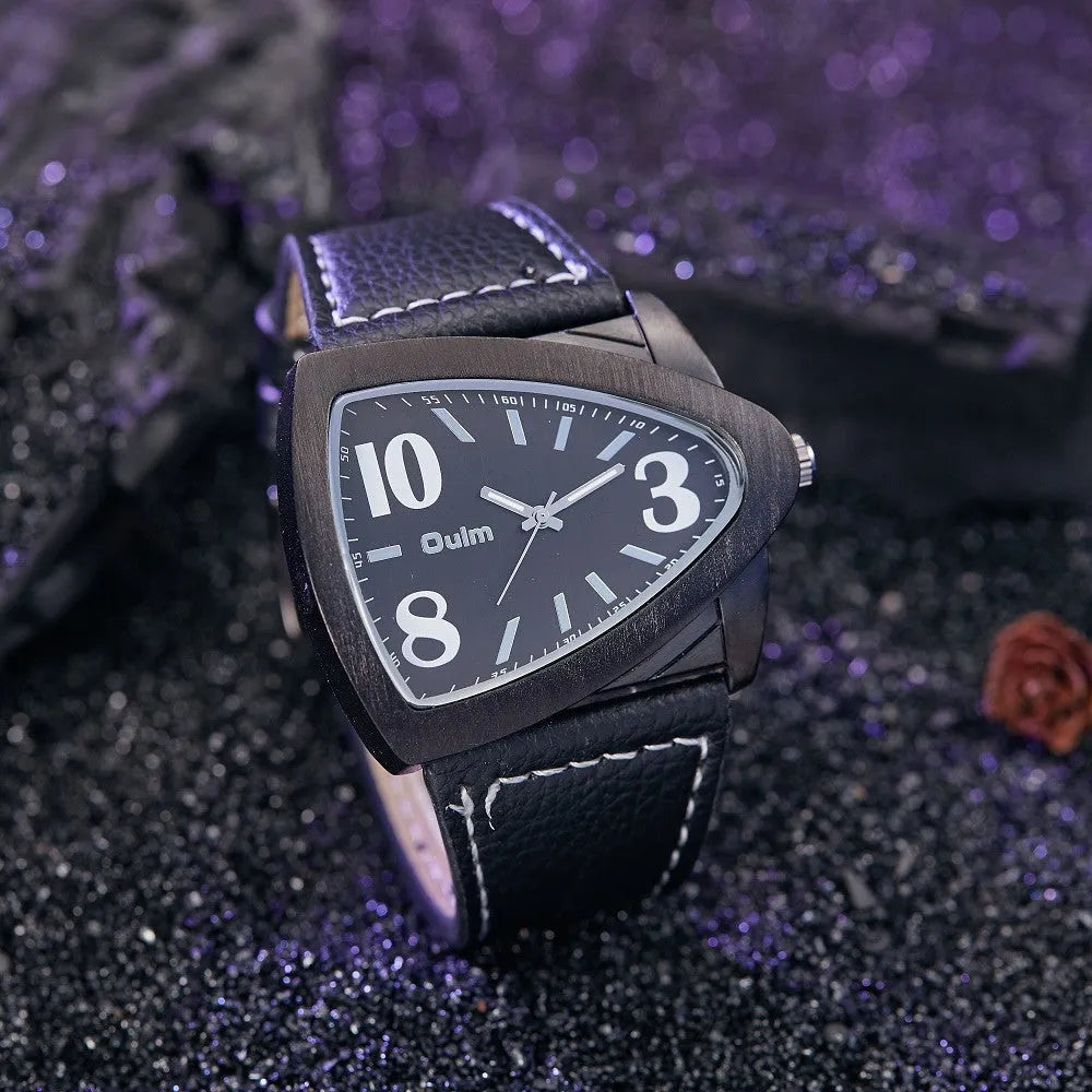 Men's casual watch with a triangular brown leather belt and silver case.