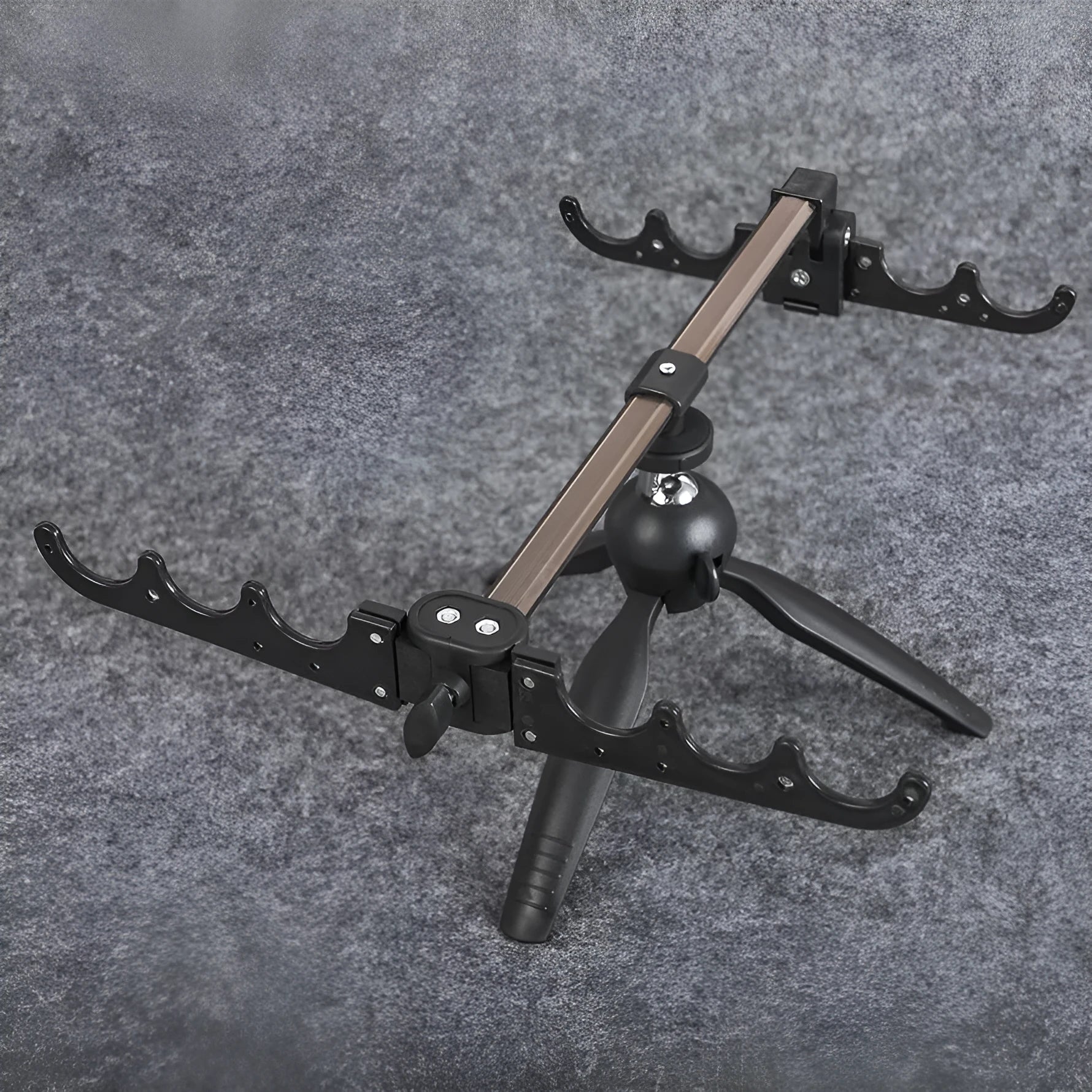 Aluminium alloy triangular ice fishing rod holder bracket supporting a small fishing rod on ice