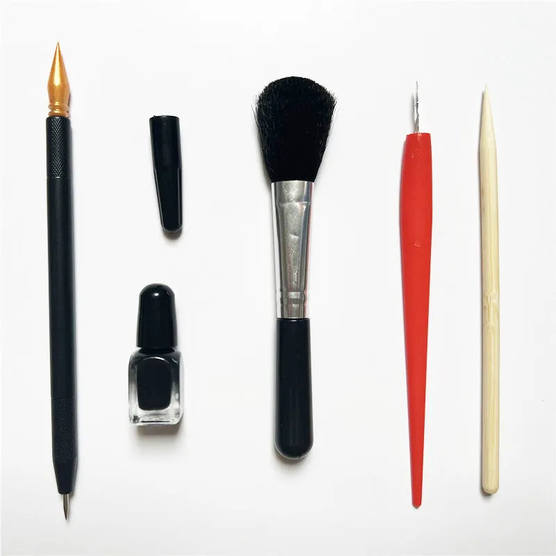 Scratch painting tool kit with scraper pen, repair solution, brush, and bamboo stick for artwork detailing