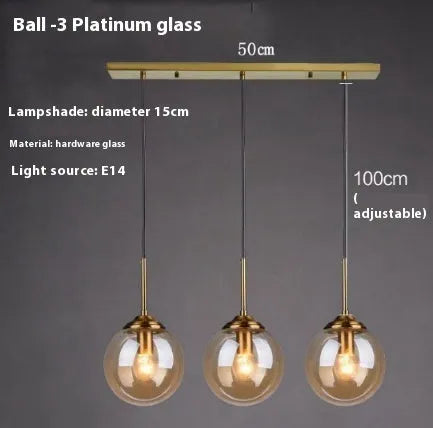 Nordic style modern round glass ball chandelier in clear, amber, smoke grey or platinum glass for living and dining rooms