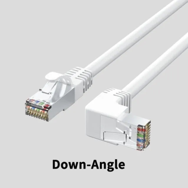 Right-angle Cat6 Ethernet cable with RJ45 connector in various colour options