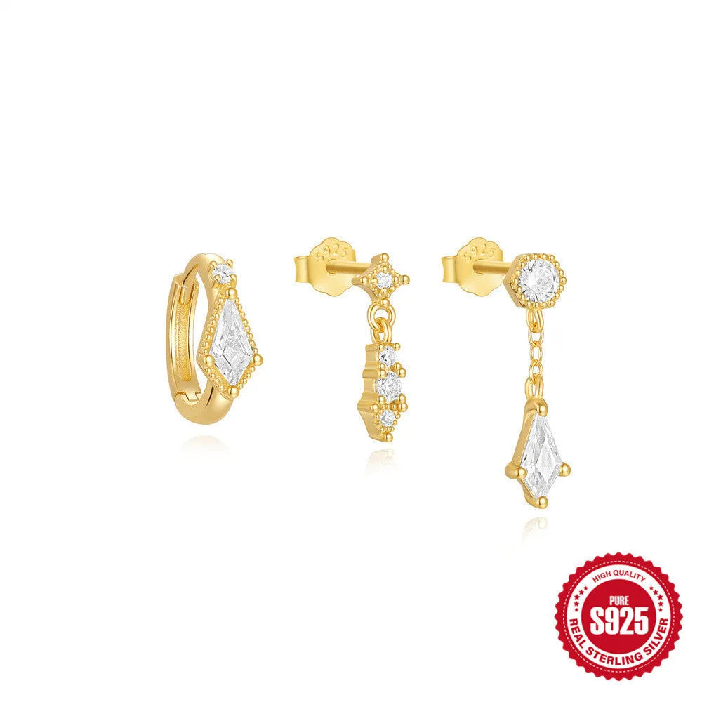 S925 sterling silver geometric zircon tassel earring set with three pairs in gold tone colours