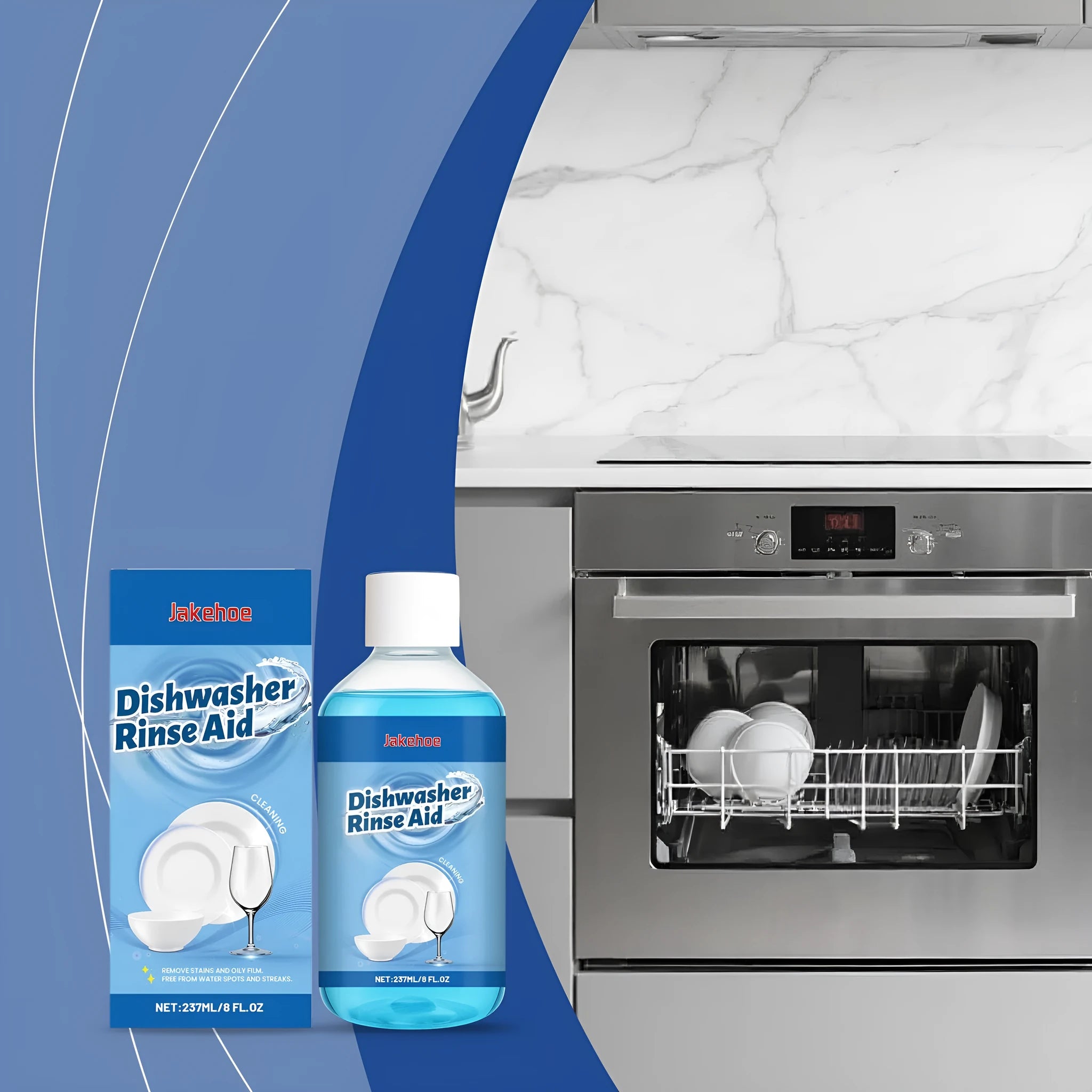 237mL bottle of dishwasher detergent aid for removing stains and oil from kitchenware
