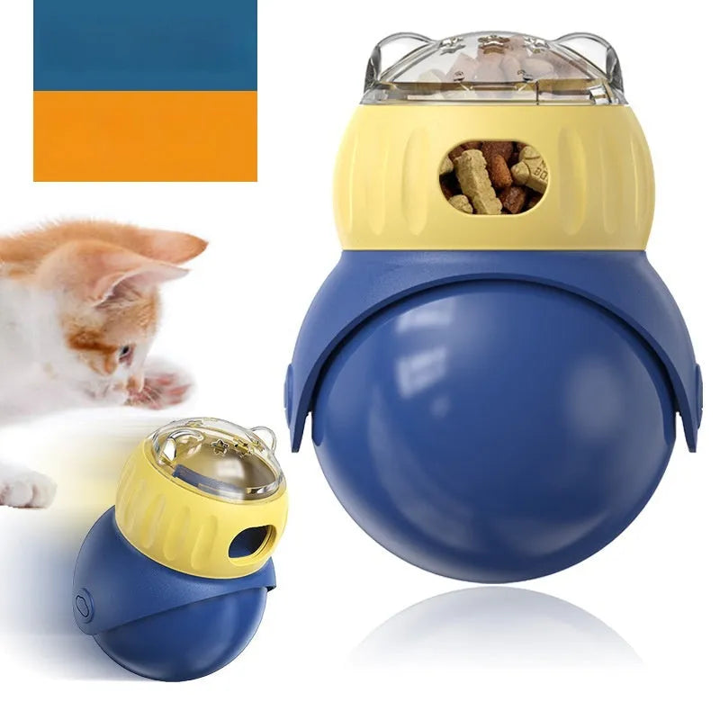 Tumbler Owl plastic puzzle cat feeder in Morandi yellow and blue colours