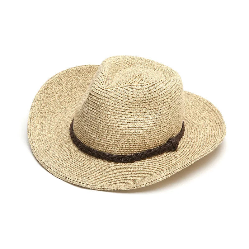 Men's foldable straw sun hat with big brim in beige colour showing folded and unfolded states