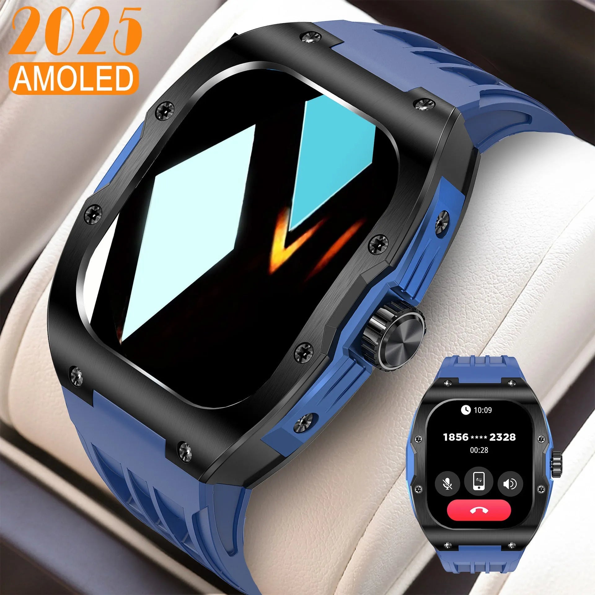 A men's smart watch with a black strap and AMOLED screen, showing a fitness tracking interface.