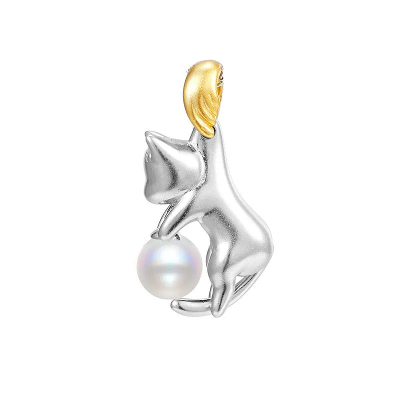 Sterling silver clavicle necklace with cat pendant on model, showing electroplated finish and professional styling