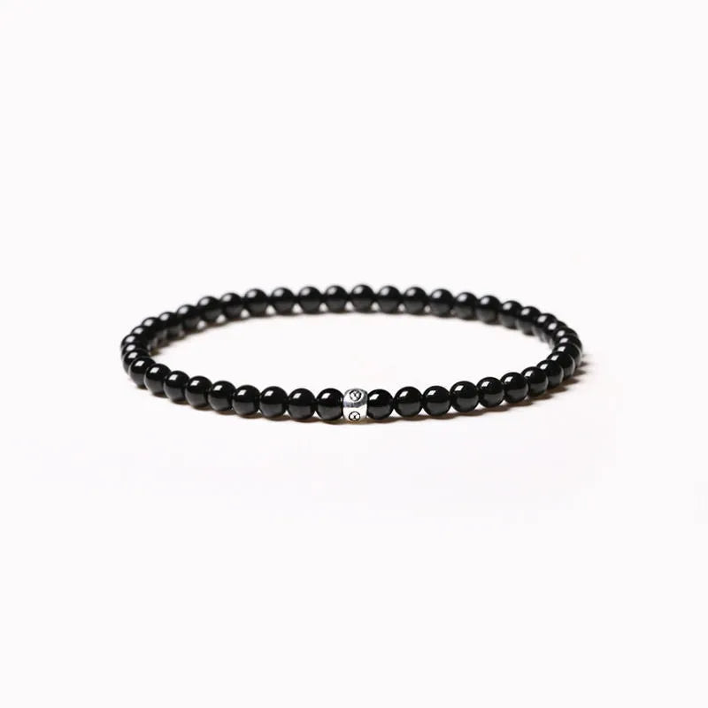 Fine unisex bracelet with round and square obsidian, blue San, and black agate beads