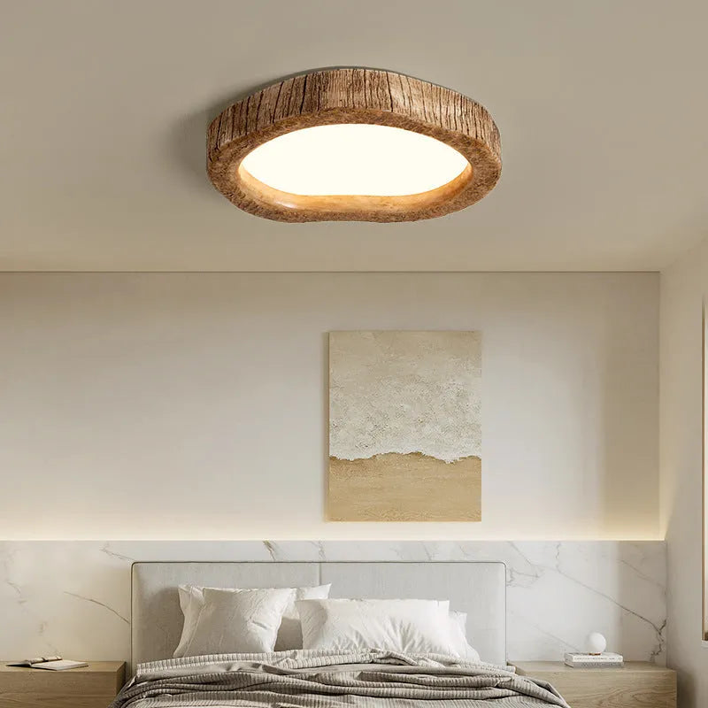 Wood grain finish circular ceiling lamp in new Chinese style design for bedroom installation