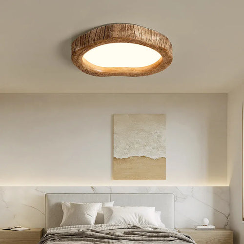 Wood grain finish circular ceiling lamp in new Chinese style design for bedroom installation