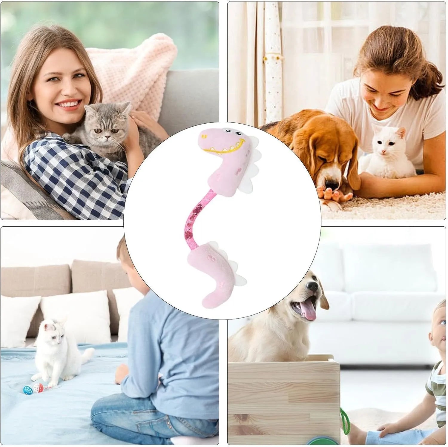 Bundle of four cat toys including a plush fish, rope, springs, and kicker toys in pink, purple, or yellow.