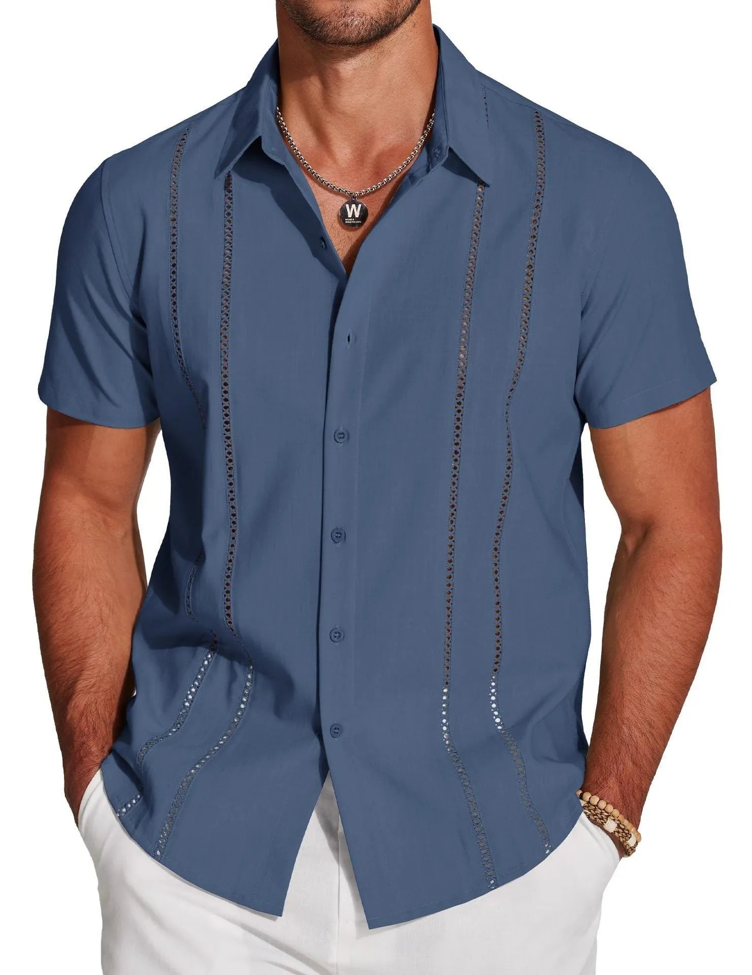 Man wearing a slim fit, short sleeve Hawaiian shirt with a digital print pattern in a casual setting.