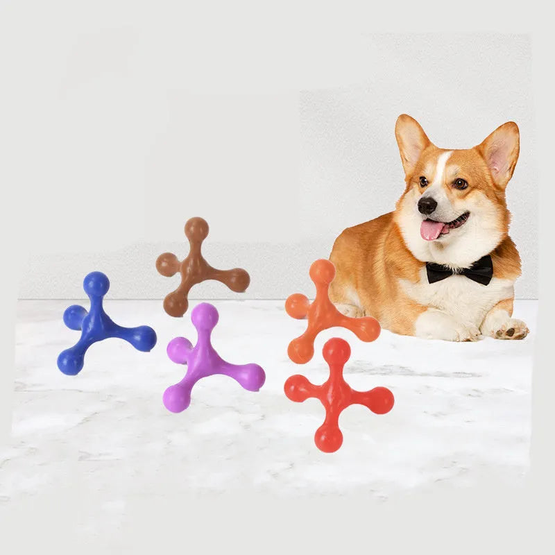 Blue silicone dog chew toy with three flexible legs for teething puppies