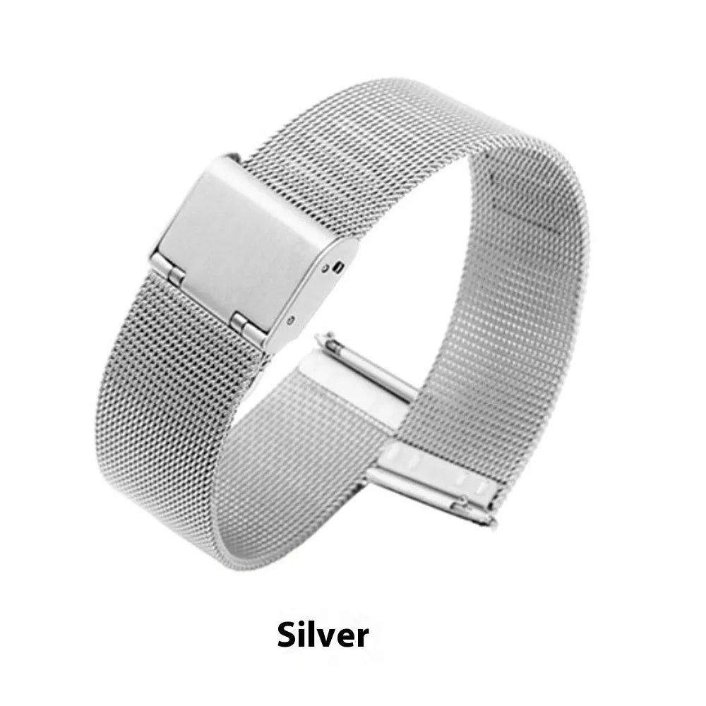 Milani silk woven stainless steel watch band showing natural texture and metallic finish