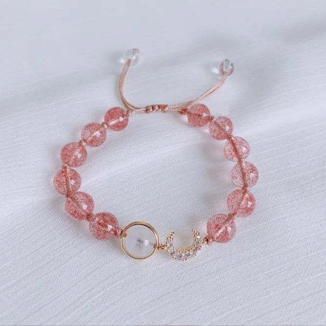 Handmade strawberry quartz crystal bracelet with Hetian jade peach blossom design showing five style variations