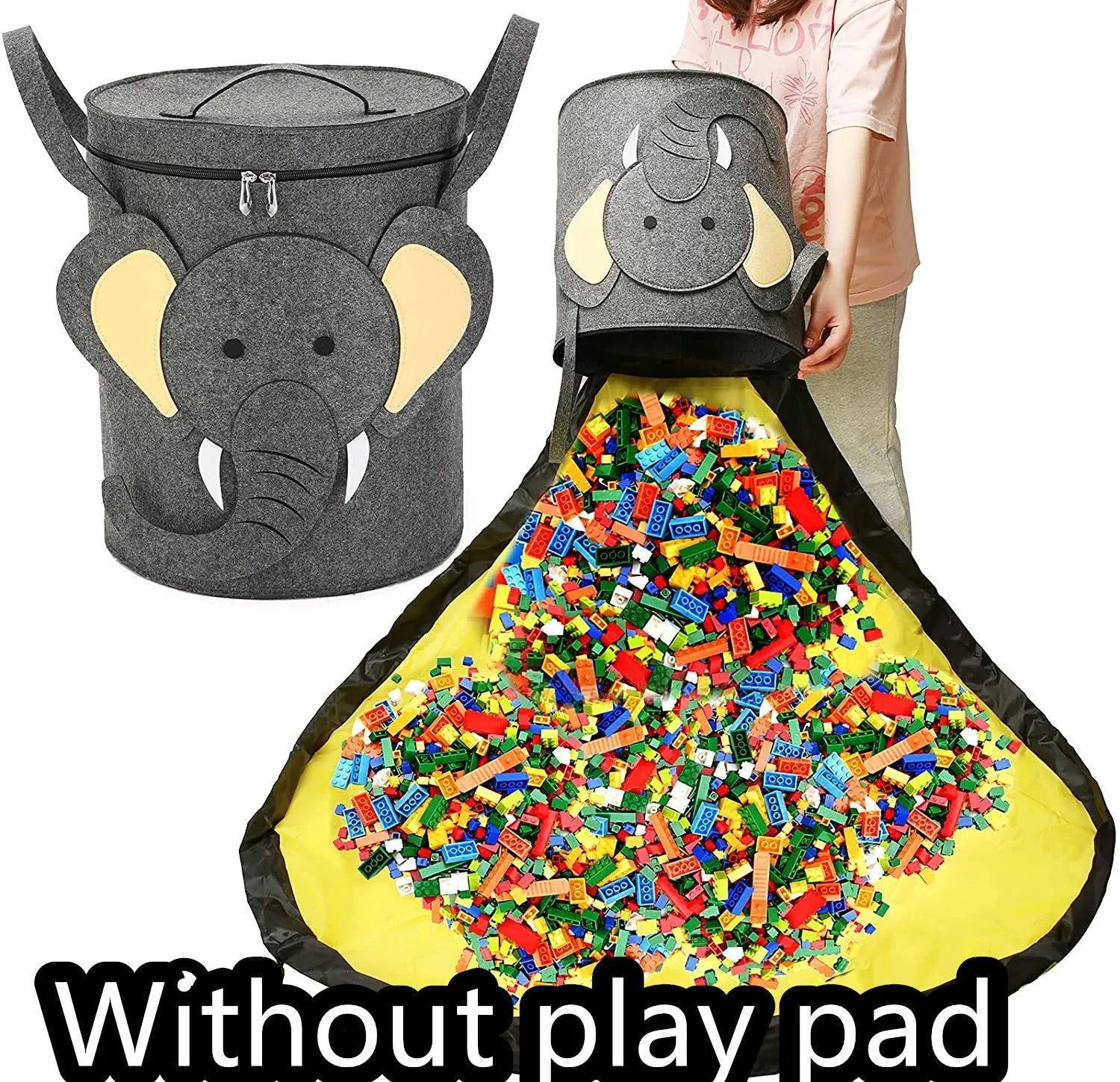 Green felt cube storage bag open as play mat with pull rope closure for toy organisation