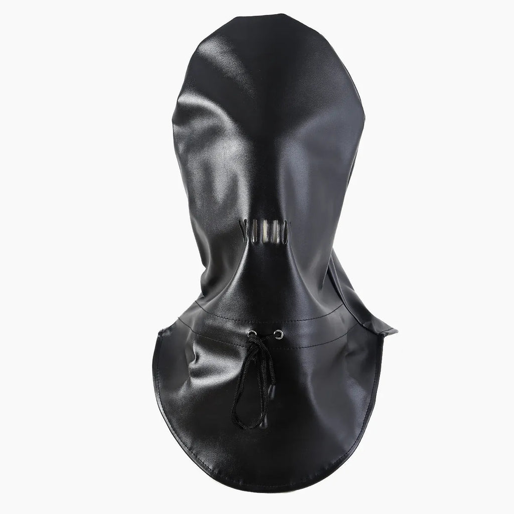 Black leather bondage mask covering eyes and nose area with adjustable strap