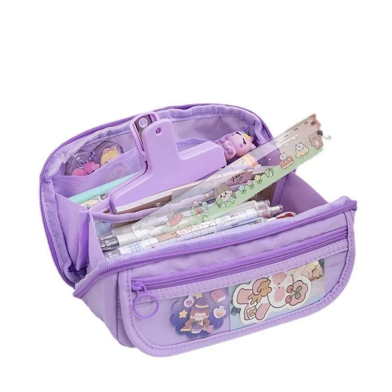 Korean-style canvas pencil case with a ten-layer flip design shown in various colours.