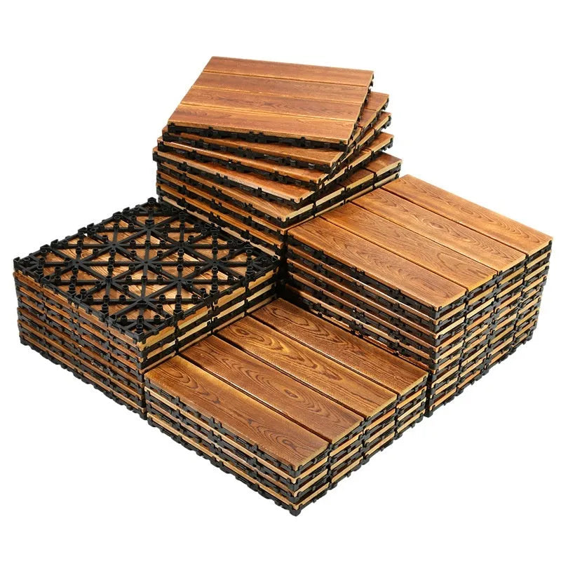 Square pine wood flooring tiles with a brush wax oil finish, laid out on a surface.
