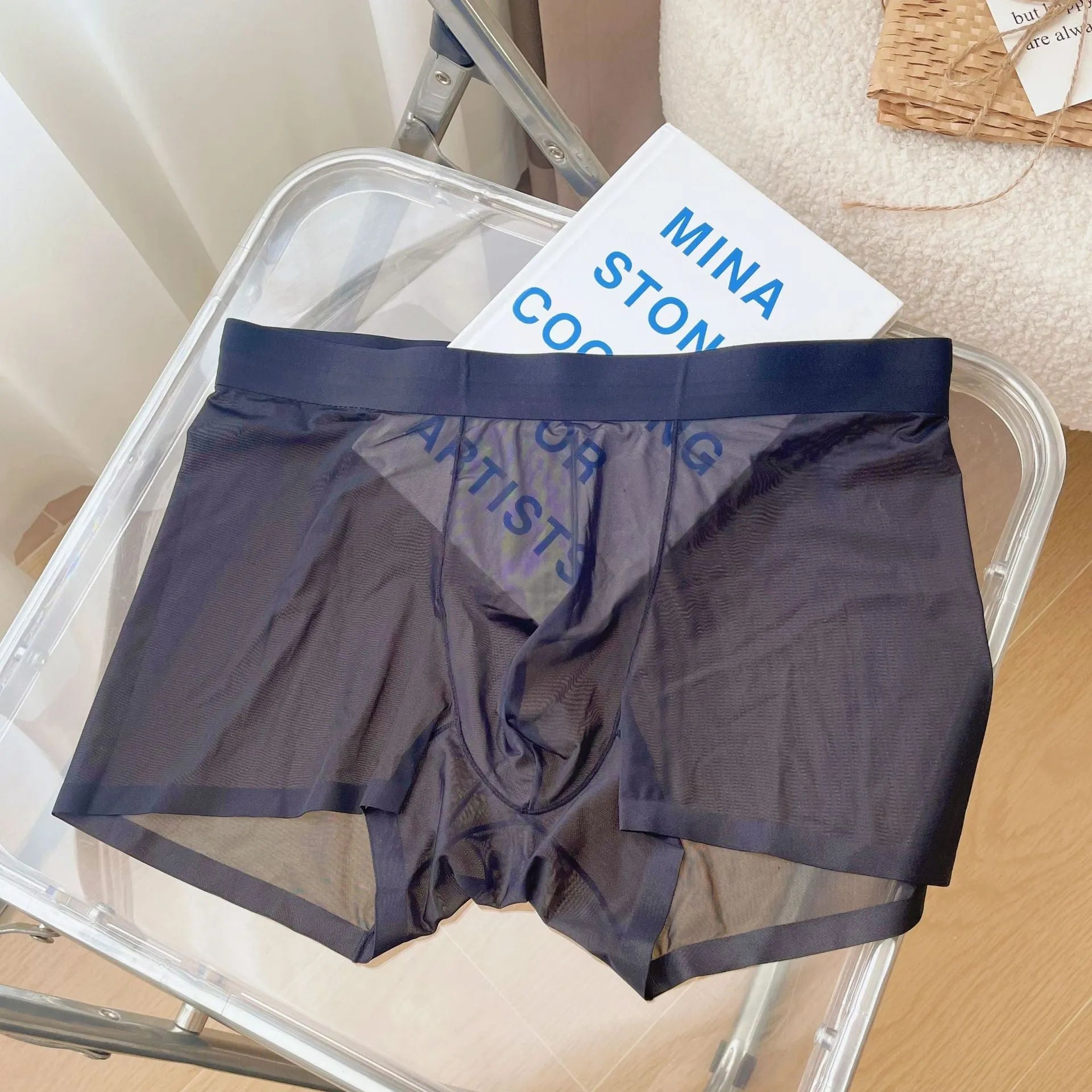 Men's thin knitted nylon boxer shorts in rock ash colour with seamless construction