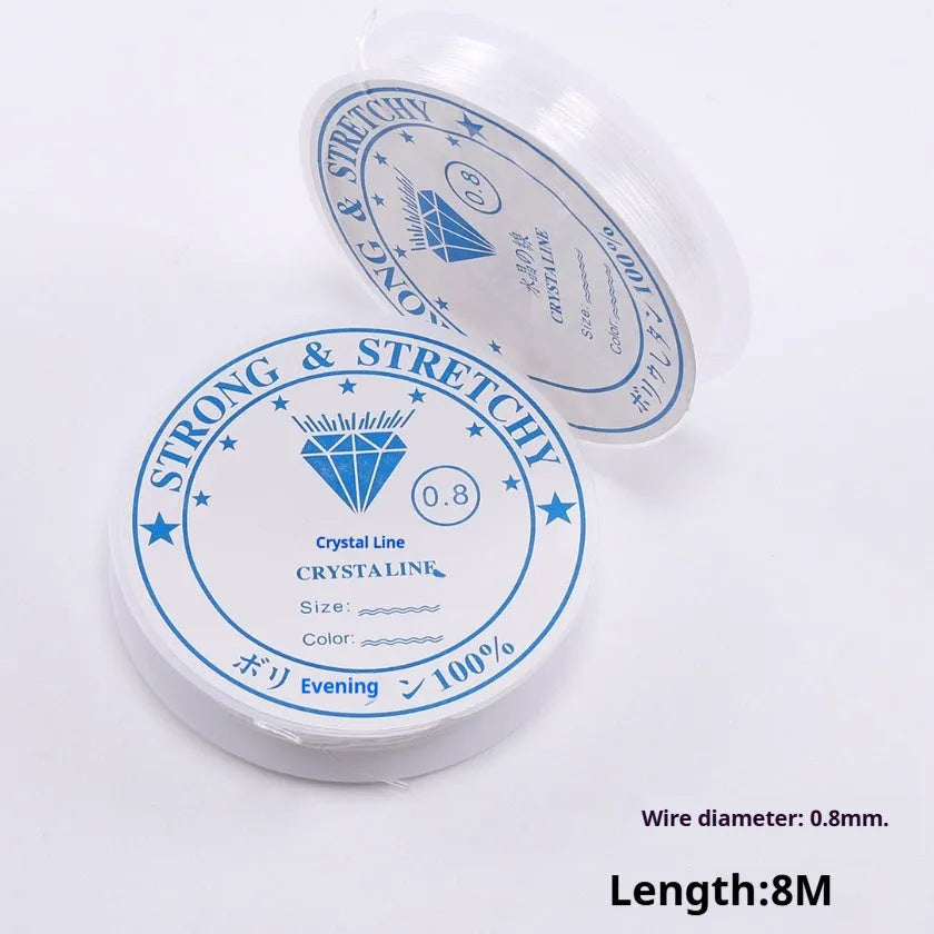 Spool of transparent white elastic thread with six diameter options shown for DIY crafts.