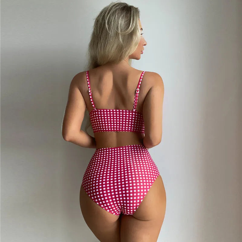 Women's high-waist bikini swimsuit with plaid design in multiple colours