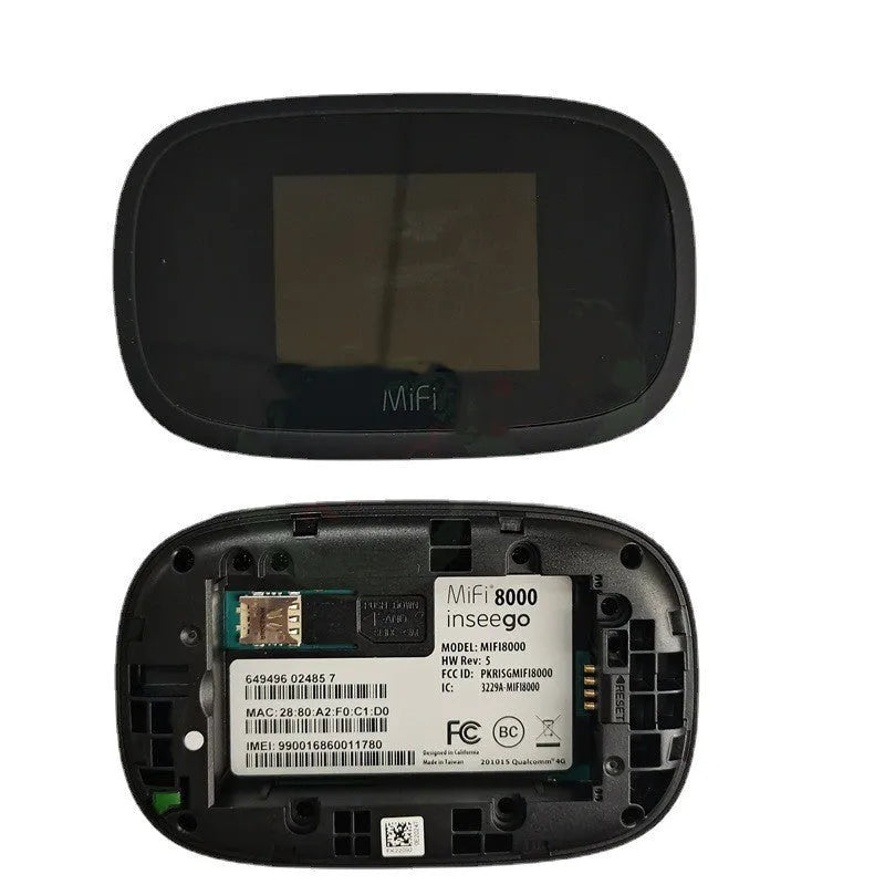 Black mifi8000 4G portable wireless router with battery and data cable on a white background.
