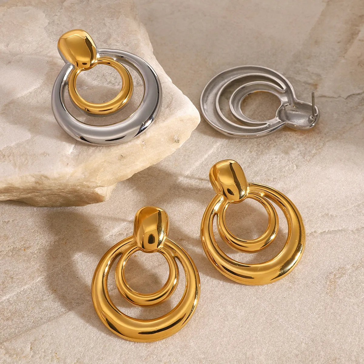 Round geometric double layer hollow stud earrings with 18K gold plating