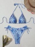 Women's denim blue printed bikini set with adjustable straps