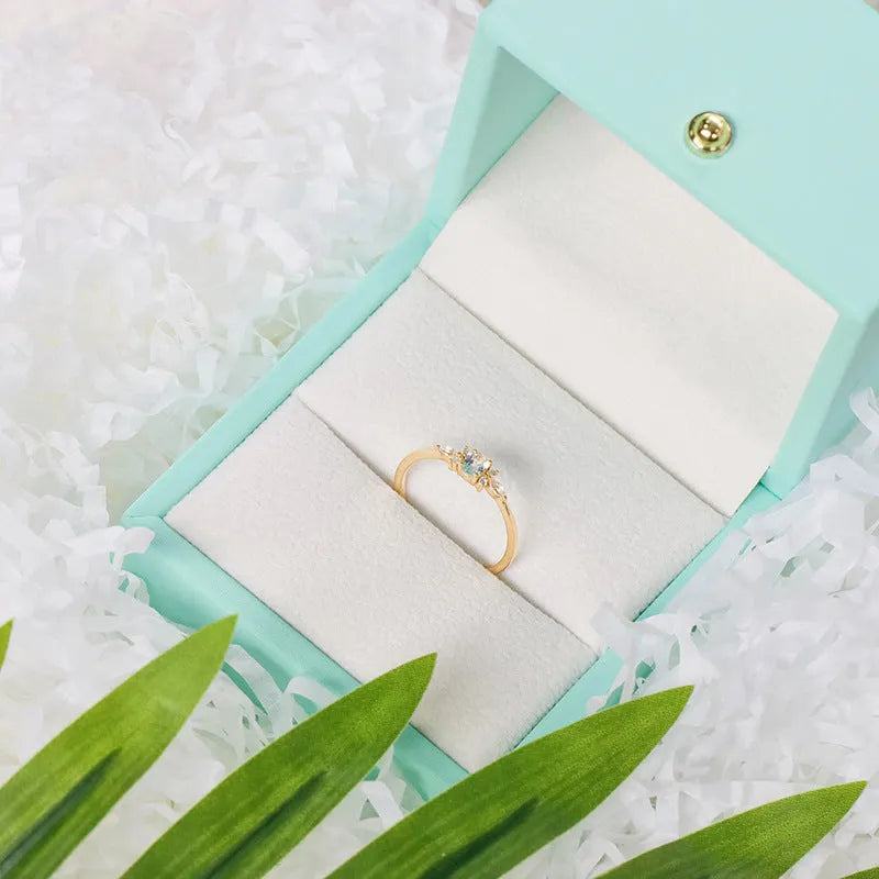 S925 sterling silver sky blue floral geometric ring for women on white background