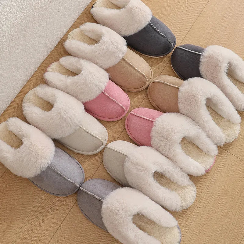 Women's brown plush slippers with round toe, flat heel, and anti-slip PVC sole.