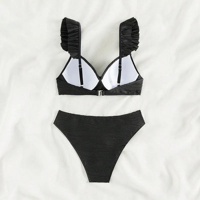 Women's solid colour bikini swimsuit in polyester fabric showing black and khaki colour options