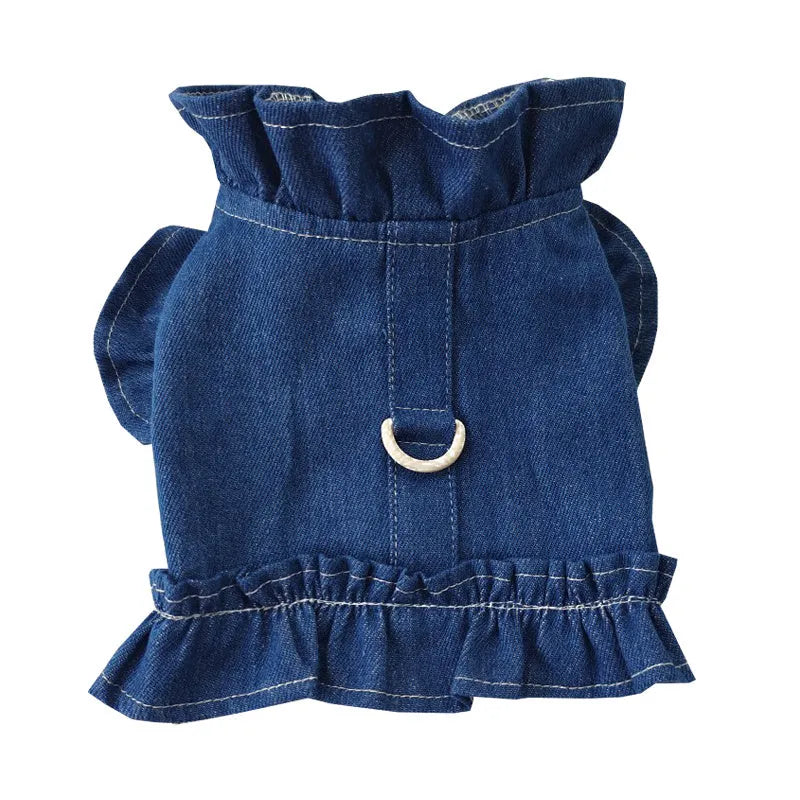Blue denim dog dress with ruffles vest and back leash hook in five sizes