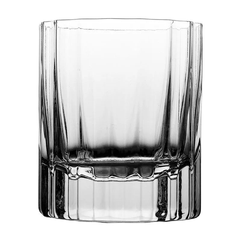 Light luxury crystal glass thick bottom lace whiskey glass with clear transparency, single tumbler style.