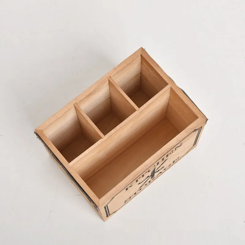 Wooden kitchen storage box with grid divider for knives, forks and chopsticks organisation