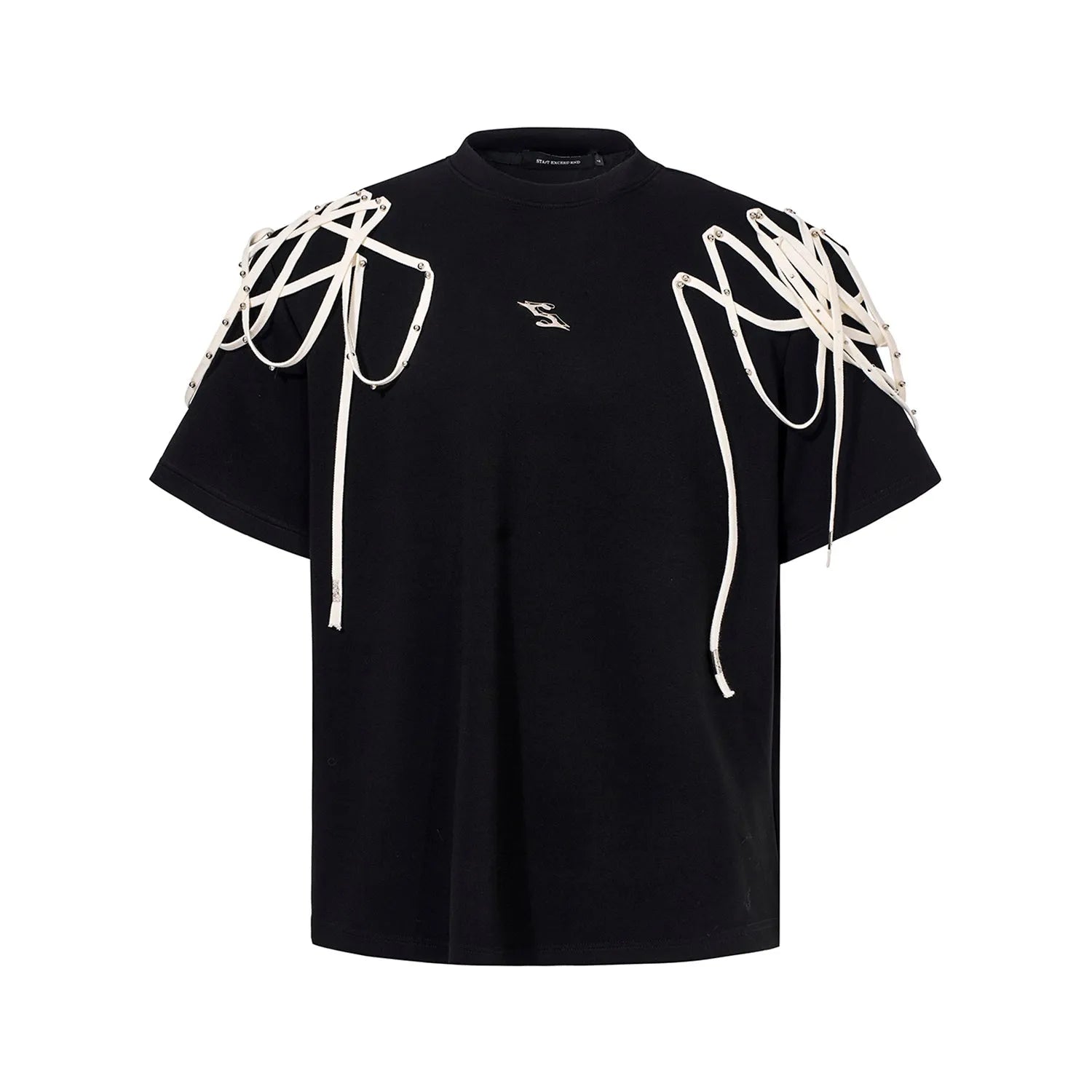 Black loose fit T-shirt with padded shoulders and decorative rivet ribbon detail on a short sleeve.