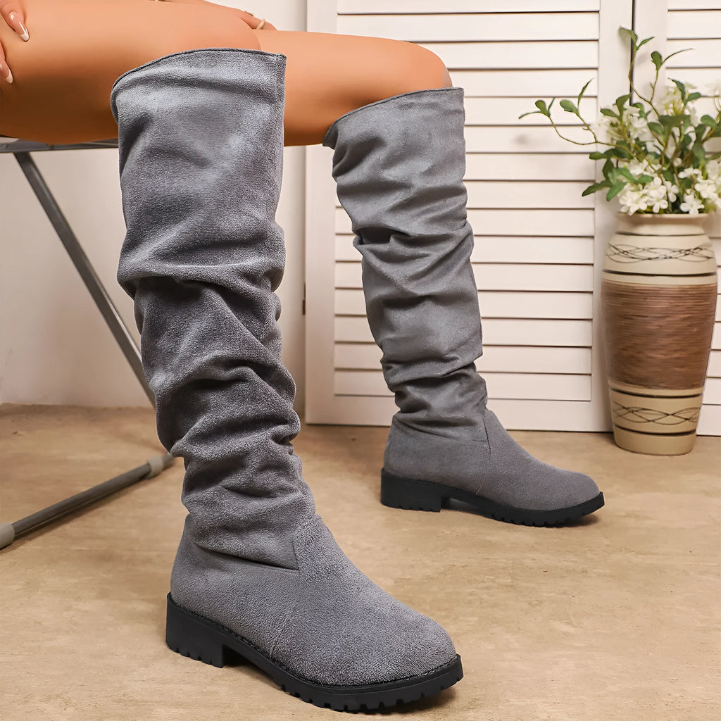 Fleece-lined over-the-knee winter boots for women, low chunky heel, suede upper in beige