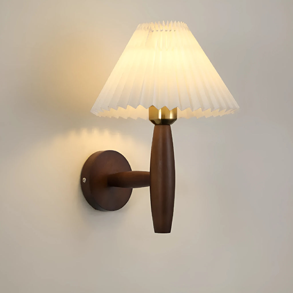 American retro walnut wood wall lamp with fabric shade in bedside setting