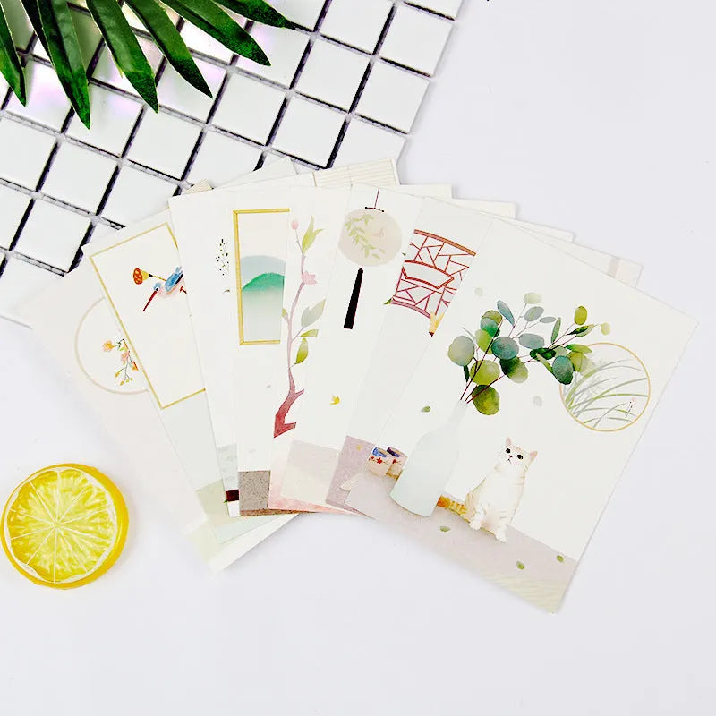 Japanese style postcard set with minimalist cartoon designs of retro Paris towers and historic sites