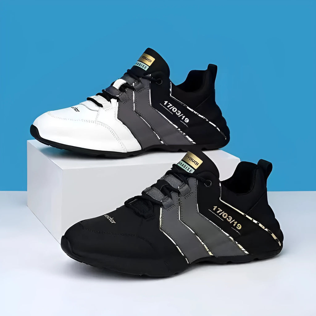 Teenagers outdoor casual sneakers with thick plastic sole and mesh lining in black and gray color matching style