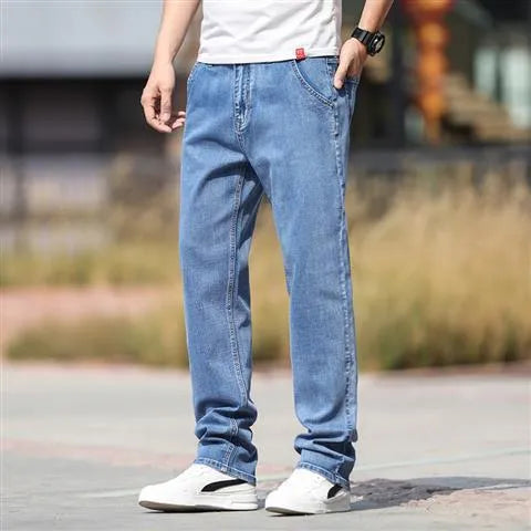 Men's smoky gray low-waist straight-leg jeans made from elastic rabbit fur fabric with a zip fly.