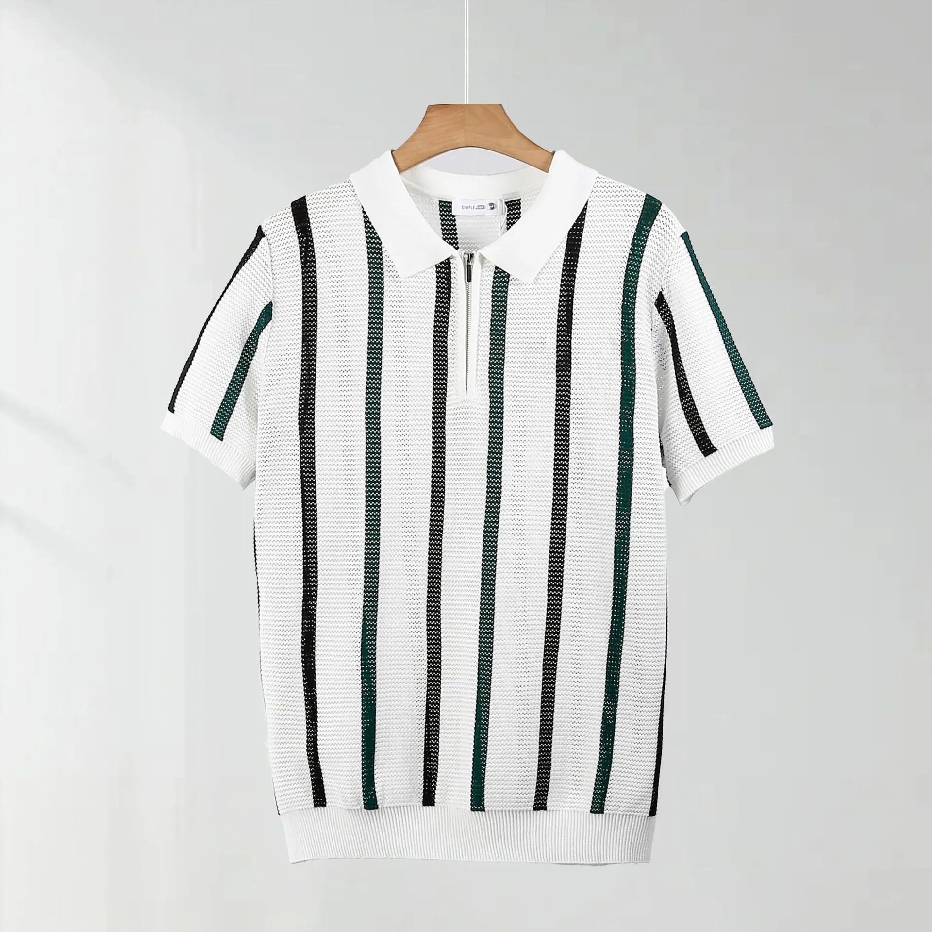 Men's black hollow mesh short-sleeved polo shirt with zipper decorations and loose knitting style