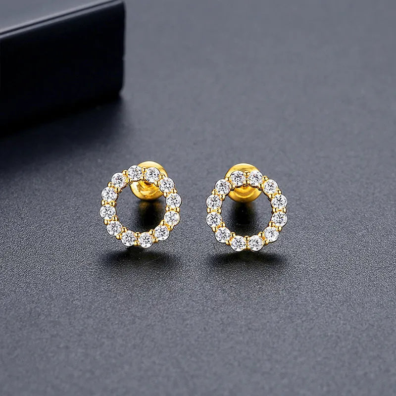 Copper micro zircon-encrusted stud earrings in geometric ring shape for women