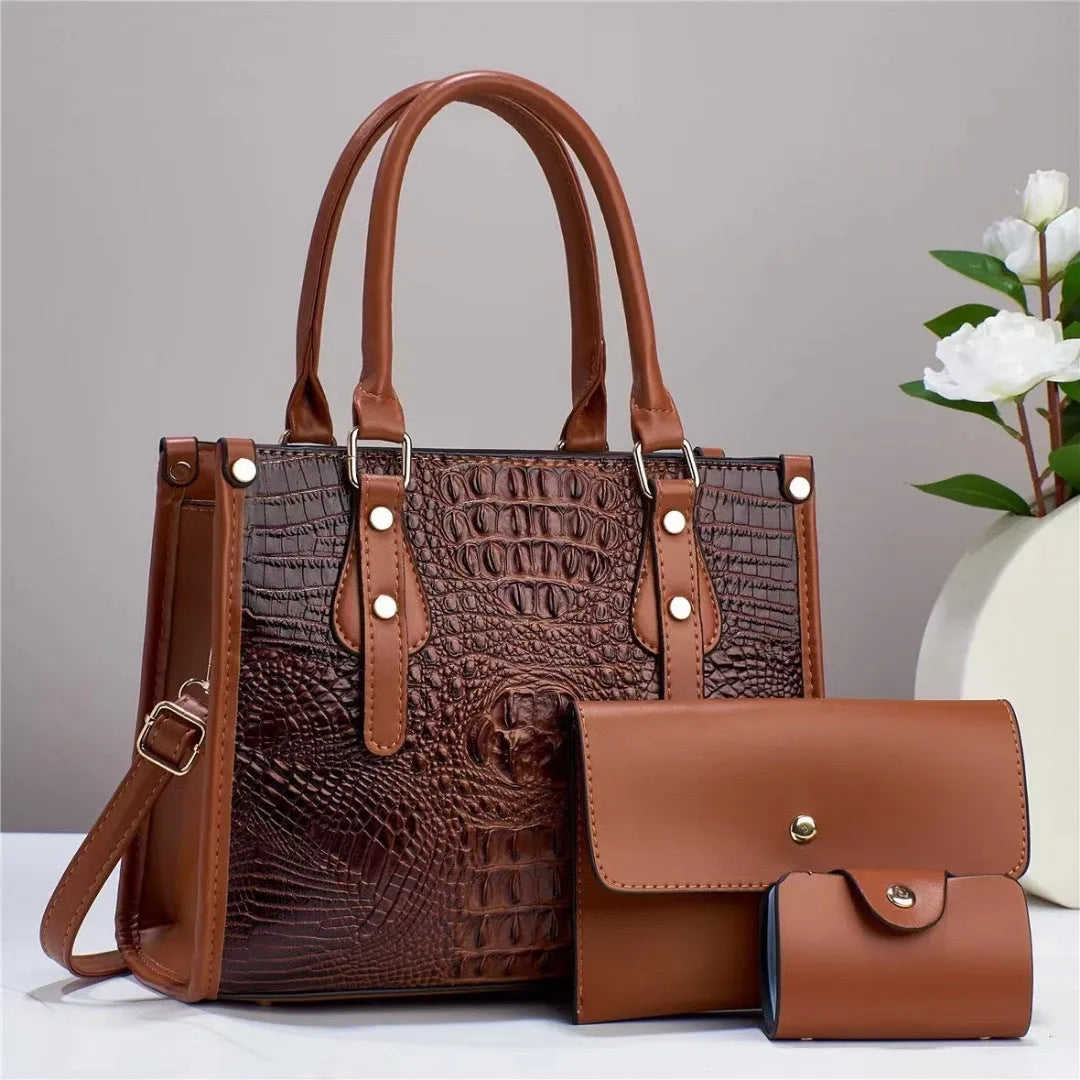 Three-piece PU bag set in chosen colour showing bucket crossbody bag, matching wallet, and card holder.